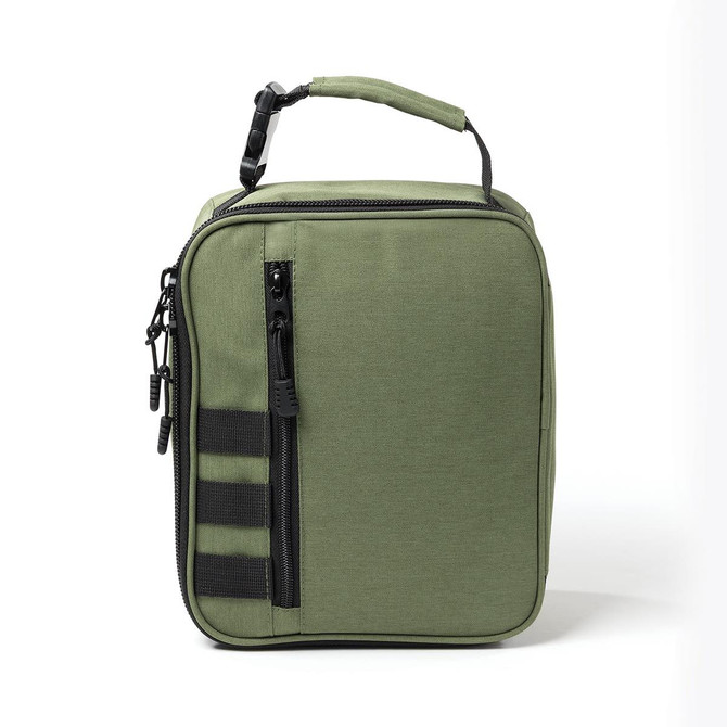 A green cooler bag with a zippered compartment and a handle, featuring black accents and a logo.