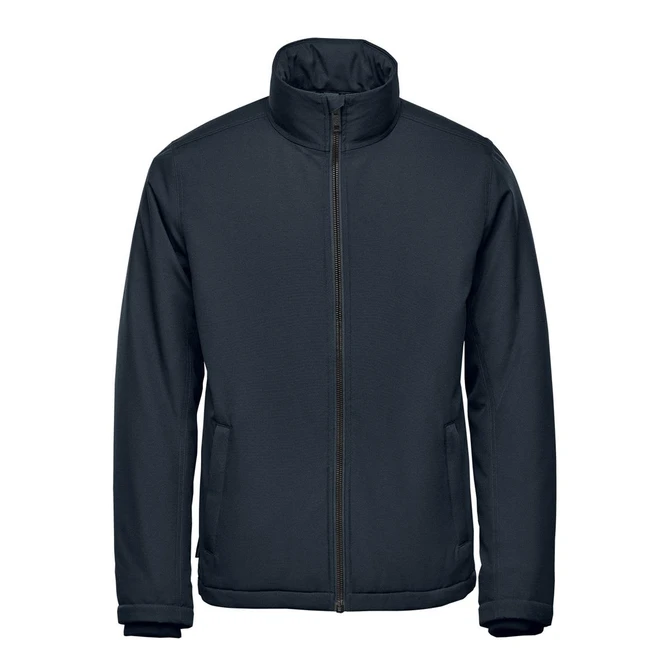 A navy blue Men's Athabasca Thermal Jacket features a high collar and front zip, with side pockets and a logo.