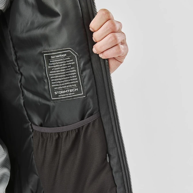 A men's thermal jacket featuring a grey interior, a pocket, and a logo on the label inside.