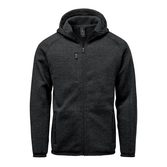 A black full zip fleece hoody featuring a hood and multiple zippered pockets. It has a logo on the front.
