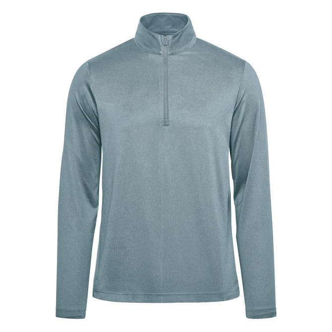 A light blue men's pullover with a quarter zip and long sleeves, featuring a logo on the upper side.