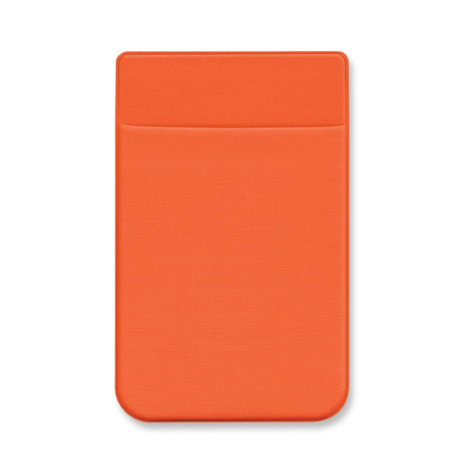 An orange Lycra phone wallet featuring a pocket, suitable for holding a phone or cards. It has a smooth finish and rounded edges.