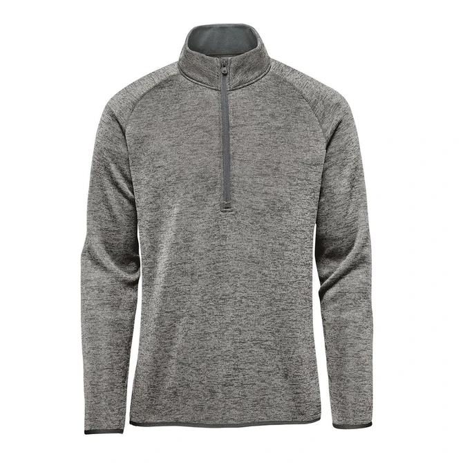 A grey men's fleece jacket featuring a half-zip collar and long sleeves, with contrasting fabric at the neck.