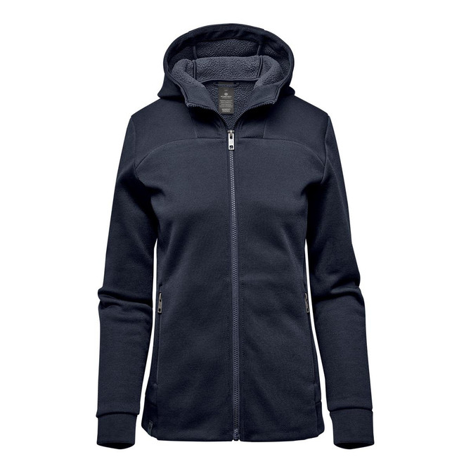 A women's performance hoody in navy blue with a zip front, hood, and side pockets. It features a textured inner lining.