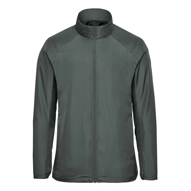 A men's full zip jacket in dark grey with a sleek design and a high collar, featuring a logo.