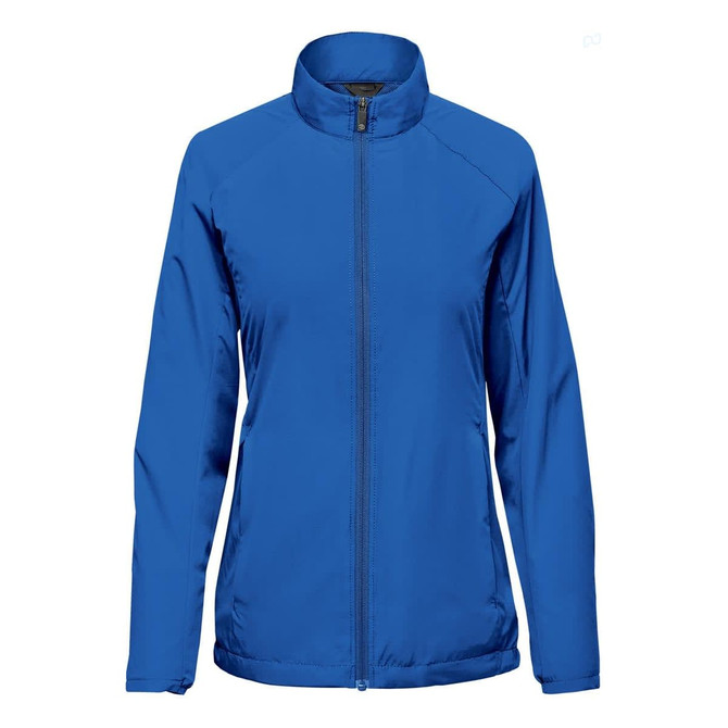 A women's full zip jacket in bright blue with a collar and a logo on the chest.