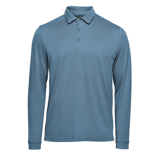 A long-sleeve micro pique polo in a blue-grey shade, featuring a collar and three-button placket. It has a logo.