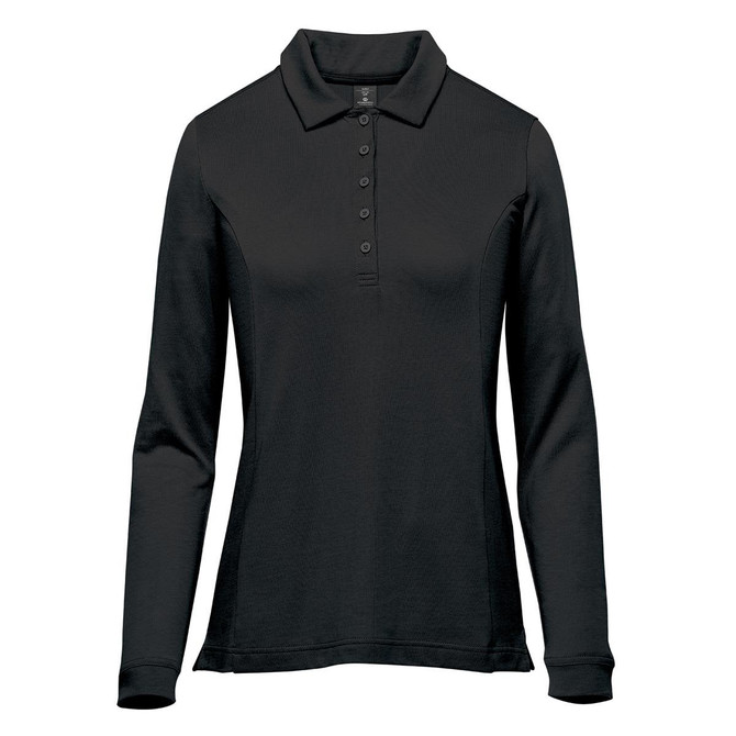 A women's long sleeve micro pique polo in black with a collar and buttons, featuring a logo.