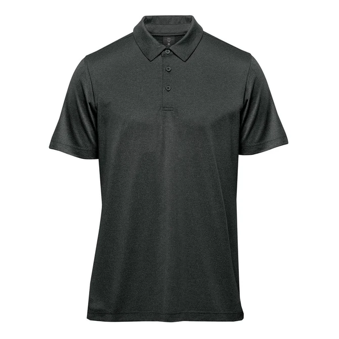A dark grey short-sleeved polo shirt with a collar and three buttons, featuring a logo.