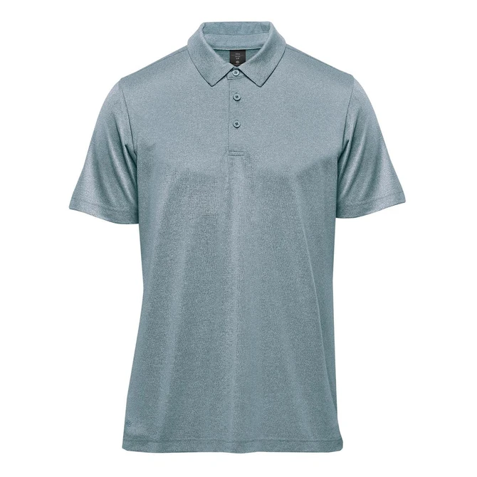 A men's polo in a light blue colour, featuring a collar and three-button placket, with branding on the chest.