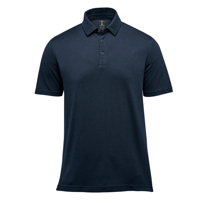 A navy blue men's polo shirt with a collared neck and short sleeves, featuring a logo.