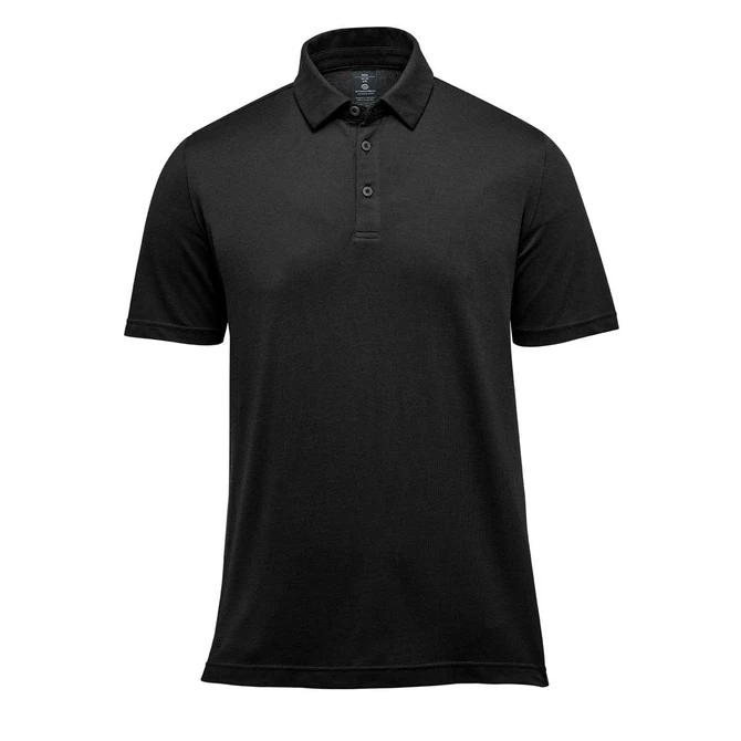 A black polo shirt featuring a collar, short sleeves, and a logo. Suitable for casual or smart casual wear.