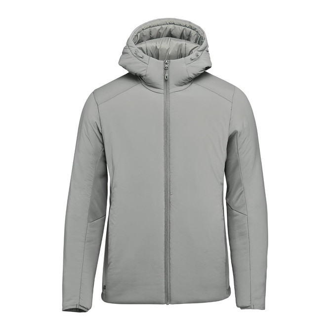 A men's puffer jacket in light grey with a hood and zip front, featuring a logo on the chest.