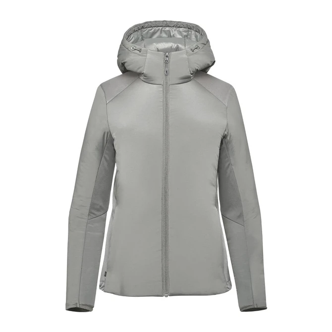 A grey Women's Cascadia Thermal Jacket with a hood and zipper, featuring a logo on the chest.