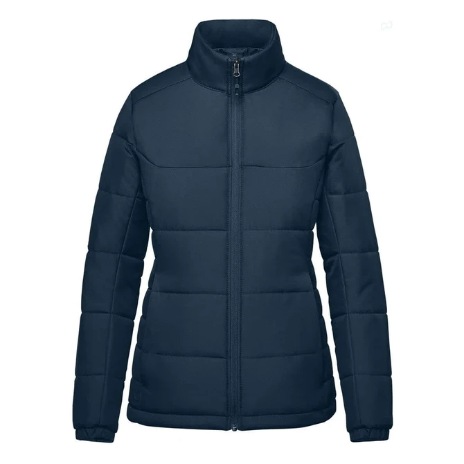 A women's puffer jacket in navy blue, featuring a zip-up front and high collar. It has a logo on it.