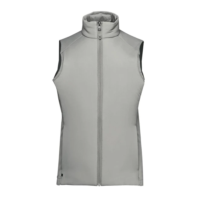 A light grey women's thermal vest with a high collar and front zip, featuring a branding logo.