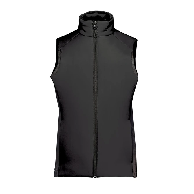 A black women's thermal vest featuring a high collar and a front zipper, with subtle branding.