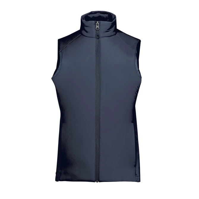 A women's thermal vest in navy blue with a high collar and full zip, featuring a logo.
