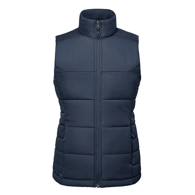 A navy women's thermal vest with a zip front, featuring a high collar and padded design. It has a branding logo.