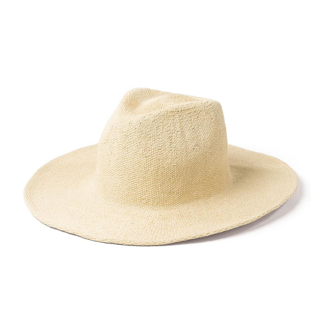 A straw hat in a light beige colour with a wide brim and a soft crown. It features a logo on the band.