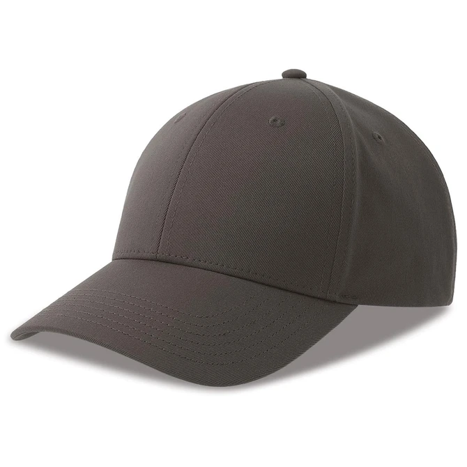 A dark grey cap made from recycled polyester, featuring a rounded crown and a curved brim. It has a logo.