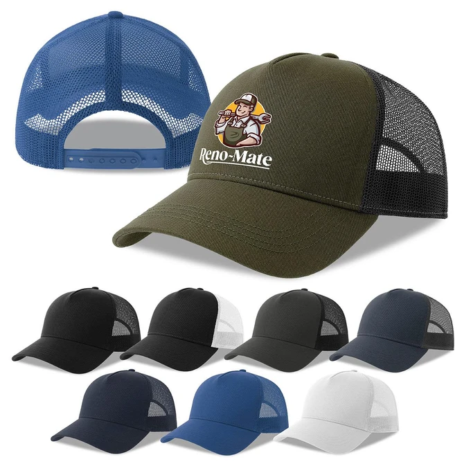 A green trucker cap with a logo, featuring a mesh back and available in various colours including black, white, and navy.