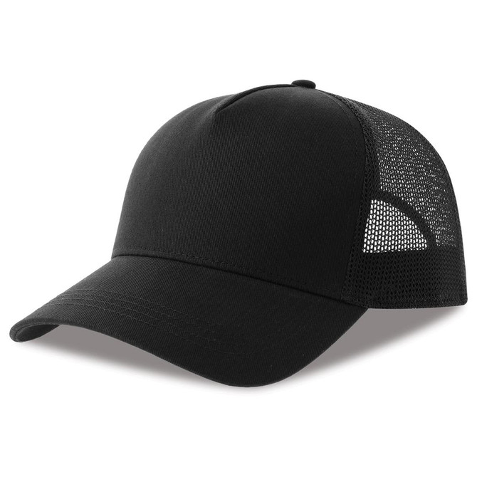 A black trucker cap made of organic and recycled materials, featuring a mesh panel and a curved brim.