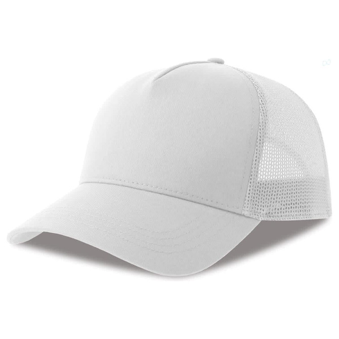 A white trucker cap featuring a solid front panel and mesh sides, equipped with a logo.