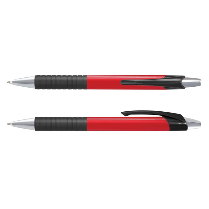 A coloured barrel pen set featuring two red plastic pens with textured black grips and silver accents.