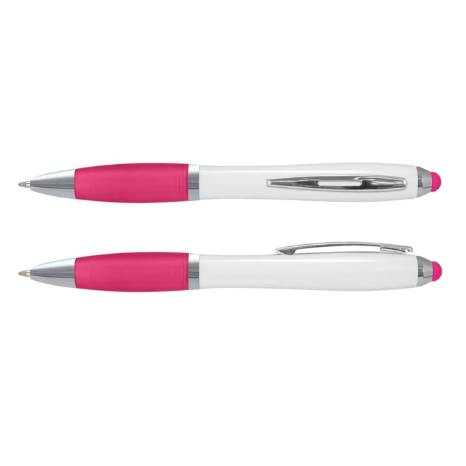 A stylus pen with a white barrel and pink accents, featuring a chrome clip and tip. It has a logo on the barrel.