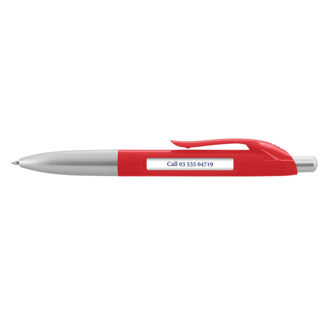 A plastic pen with a red body and silver accents, featuring a clear window displaying a contact number.