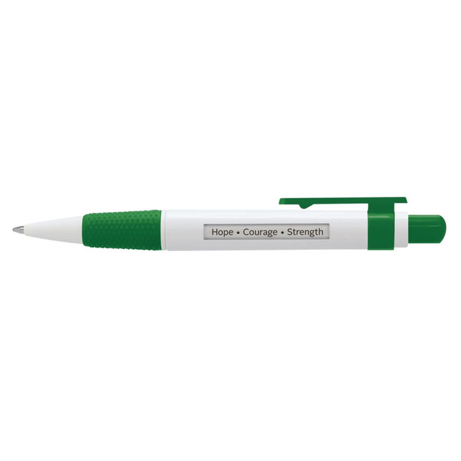 A green and white plastic pen with a grip and a logo. The pen features three words: Hope, Courage, and Strength.