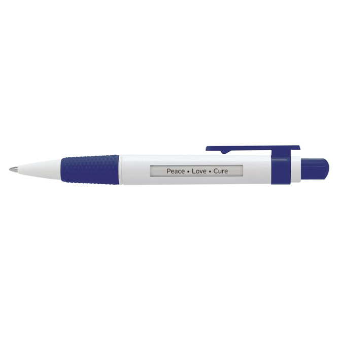 A plastic pen featuring a blue grip and clip, with a central display area that reads "Peace • Love • Cure."