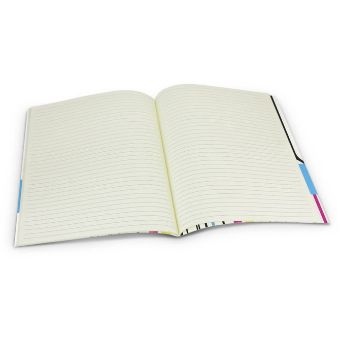 A large, open notebook with lined pages and colourful side tabs, featuring a simple design and a logo.