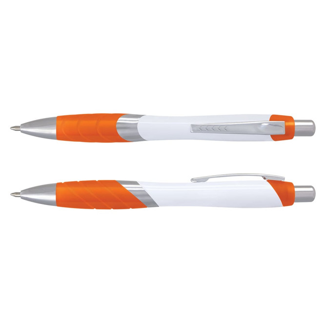 A white plastic pen with orange accents and a silver clip. It features a textured grip for comfort.