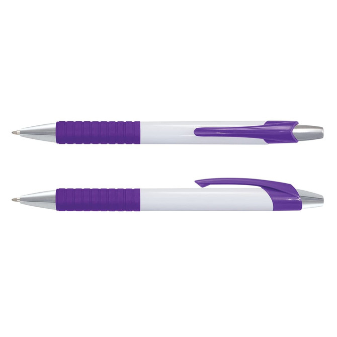 A plastic pen with a white barrel and purple accents, featuring a textured grip and a retractable tip.