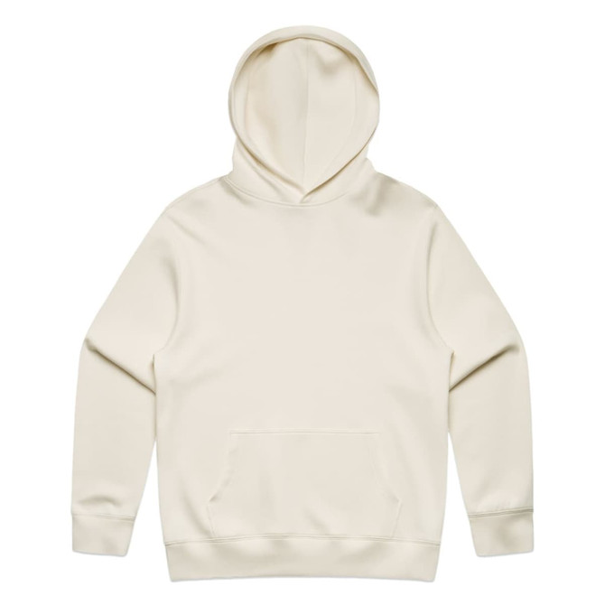 A cream-coloured hoodie with a front pocket and an adjustable hood. It features a branding logo.
