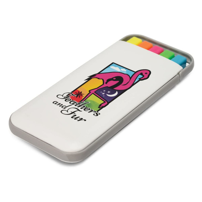 A highlighter set in a case, featuring vibrant pink, orange, yellow, and green highlighters, with a logo on the case.