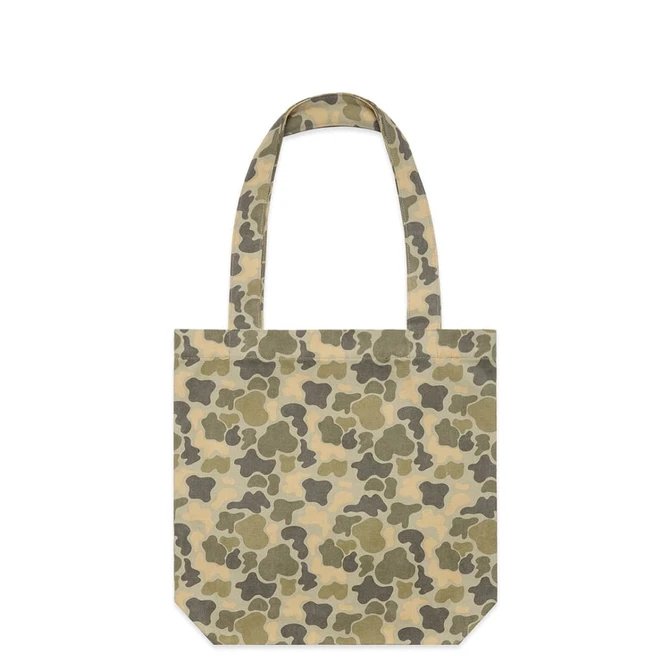 A tote bag featuring a camouflage pattern in shades of khaki and olive green, with sturdy handles and a rectangular shape.