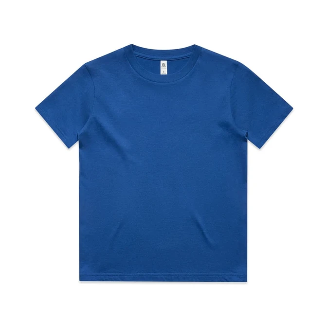 A blue kids' t-shirt featuring a crew neckline and short sleeves. The shirt has a brand logo on the label.