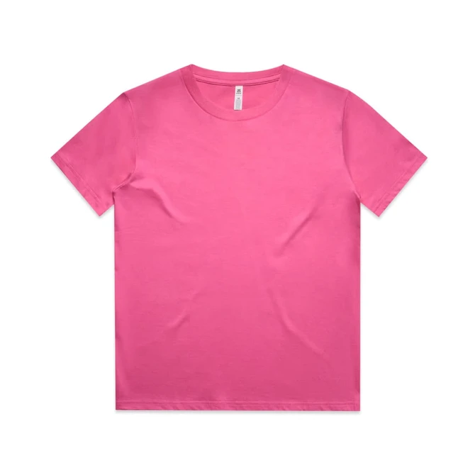 A pink kids' T-shirt with a classic crew neckline and short sleeves. It features a logo on the label.