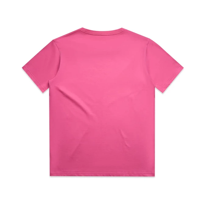 A pink short-sleeved t-shirt with a plain back. It features a logo on the label.