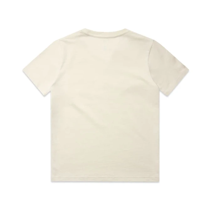 A cream-coloured children's t-shirt with a plain back, featuring a logo. Suitable for casual wear.