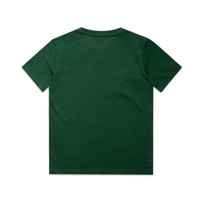 A green kids' t-shirt with a plain design and a logo on the back. Suitable for casual wear.