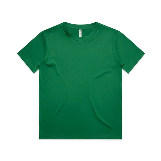 A green kids' t-shirt featuring a simple design and a classic crew neckline. It has a logo on the label.