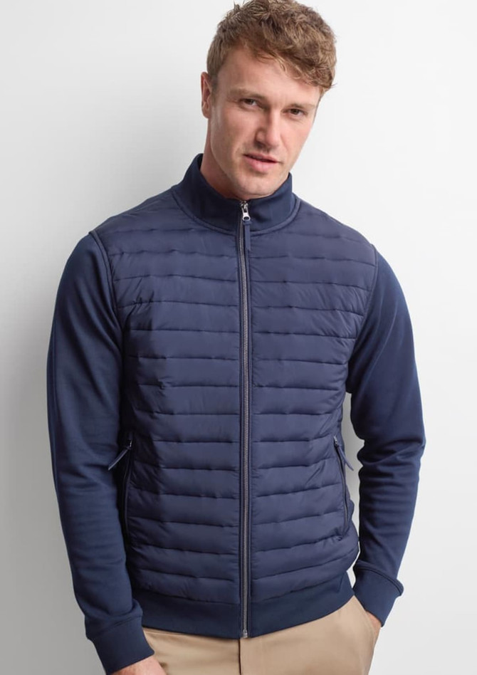 A men's tailored jacket in navy blue, featuring a zip closure and padded front design.