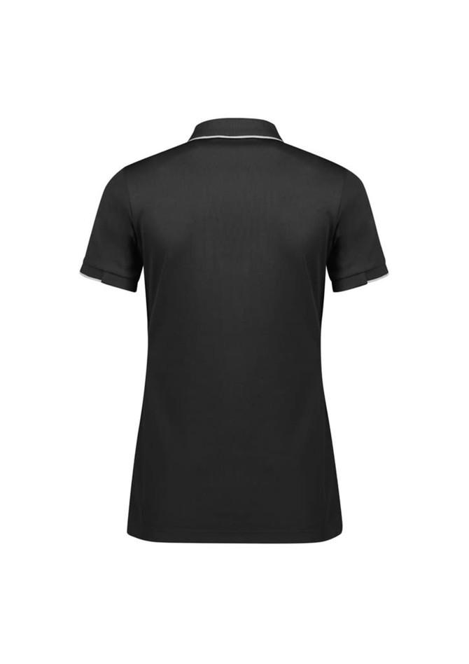 A black women's short sleeve polo shirt with a collar and contrasting details, featuring a logo.