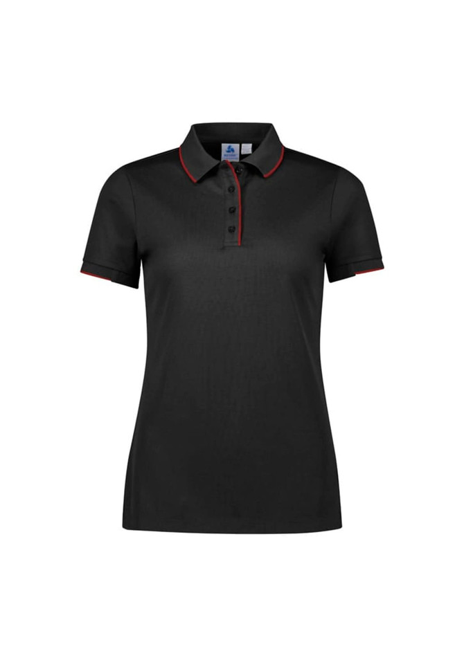 A black short sleeve polo shirt with red accents and a collar, featuring a logo.