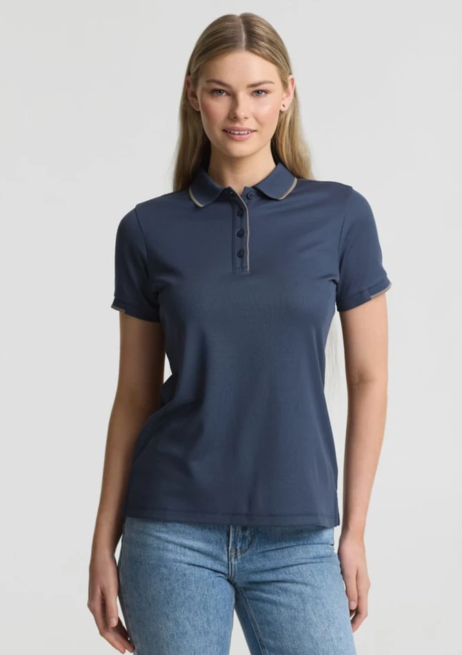 A women's short sleeve polo shirt in navy blue, featuring a collar and a logo.
