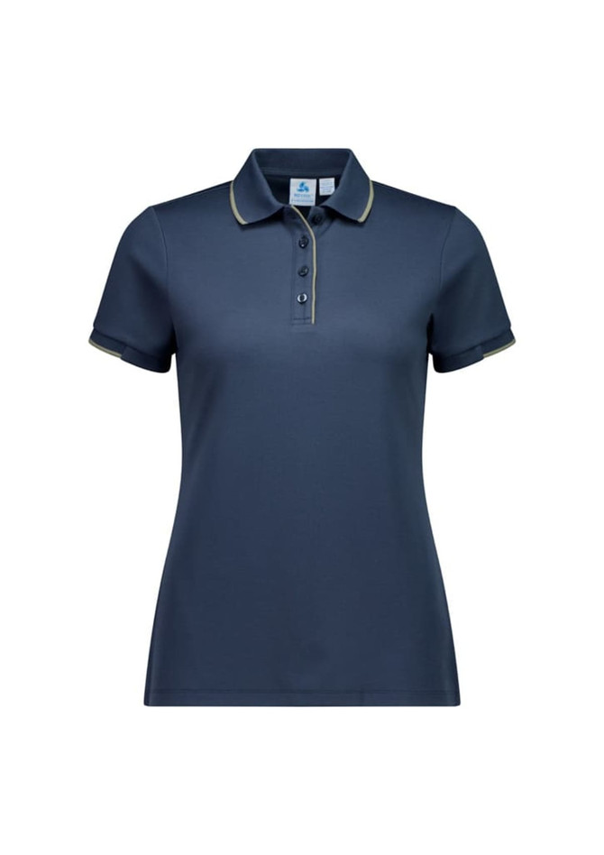 A navy blue women's short sleeve polo shirt with contrasting trim and a logo. Features a button-up collar and short sleeves.
